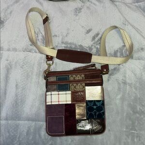 Coach Brown and Blue Crossbody Bag with Patchwork Design